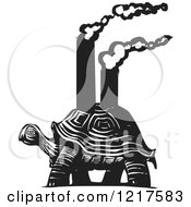 Poster, Art Print Of Woodcut Tortoise Carrying Smokestacks In Black And White