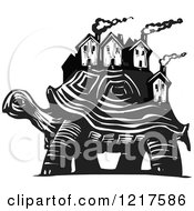 Poster, Art Print Of Woodcut Tortoise Carrying Houses In Black And White