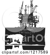 Woodcut Polar Bear And Oil Rig Platform In Black And White
