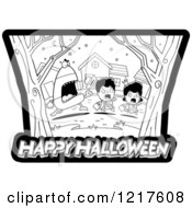 Poster, Art Print Of Black And White Candy Corn Monster Chasing Trick Or Treaters Over Happy Halloween Text