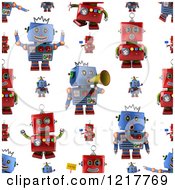 Seamless Background Of Red And Blue Vintage Robots On White