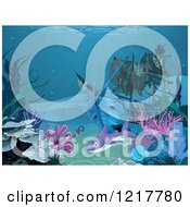 Poster, Art Print Of Shark Swimming Around A Sunken Pirate Ship At A Reef