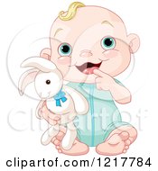 Poster, Art Print Of Cute Happy Baby Boy Holding A Stuffed Bunny Rabbit
