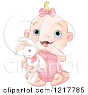 Poster, Art Print Of Cute Happy Baby Girl Holding A Stuffed Bunny Rabbit