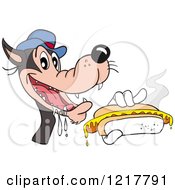 Clipart Of A Hungry Wolf Holding A Hot Dog With Mustard Royalty Free Vector Illustration by LaffToon