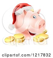 Poster, Art Print Of Christmas Piggy Bank Wearing A Santa Hat Over Gold Coins