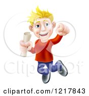 Clipart Of A Happy Young Blond Graduate Jumping With A Degree Royalty Free Vector Illustration
