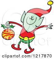 Clipart Of A Christmas Elf Holding A Bauble Royalty Free Vector Illustration by Zooco