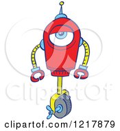 Clipart Of A Bad Mood Robot On One Wheel Royalty Free Vector Illustration