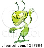 Clipart Of A Waving Green Mischievous Alien Royalty Free Vector Illustration