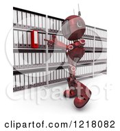 Clipart Of A 3d Red Android Robot Searching In An Archive Room Royalty Free Illustration