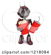 3d Red Android Robot Carrying Movie Popcorn And Soda