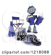 Poster, Art Print Of 3d Blue Android Robot With Popcorn And Soda By A Movie Director Chair