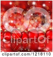Poster, Art Print Of Row Of Red Christmas Baubles Over Bokeh Flares And Snowflakes