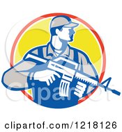 Poster, Art Print Of Retro Soldier Holding An Assault Rifle In A Circle