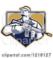 Poster, Art Print Of Retro Soldier Holding An Assault Rifle In A Shield