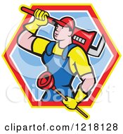 Poster, Art Print Of Cartoon Plumber With A Plunger And Monkey Wrench In A Hexagon