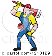 Poster, Art Print Of Cartoon Plumber Carrying A Plunger And Monkey Wrench