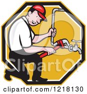 Happy Cartoon Plumber Repairing A Pipe In An Octagon