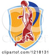 Clipart Of A Retro Female Netball Player Rebounding Over A Sunny Shield Royalty Free Vector Illustration