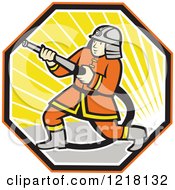 Poster, Art Print Of Cartoon Japanese Fireman With A Hose In A Hexagon Of Sunshine