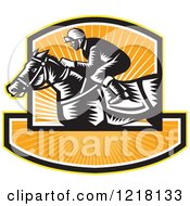 Clipart Of A Retro Woodcut Jockey On A Horse In A Shield Of Orange Sunshine Royalty Free Vector Illustration by patrimonio