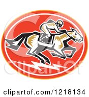 Clipart Of A Retro Woodcut Jockey On A Horse In An Oval Royalty Free Vector Illustration