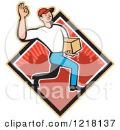 Poster, Art Print Of Cartoon Delivery Man Gesturing Ok And Carrying A Package In A Red Urban Diamond
