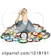 Confused White Man In A Pile Of Clocks