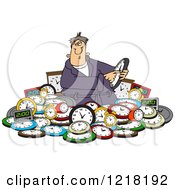 Man Adjusting Time In A Pile Of Clocks