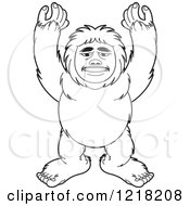 Clipart Of An Outlined Big Foot Holding His Arms Up Royalty Free Vector Illustration