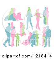 Poster, Art Print Of Green Blue And Pink Silhouetted Families