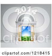 Clipart Of A New Year 2014 Over Open Doors With Sunshine And Grass Outside Royalty Free Vector Illustration