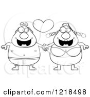 Clipart Of A Black And White Chubby Beach Couple In Swimsuits Holding Hands Under A Heart Royalty Free Vector Illustration
