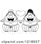 Clipart Of A Black And White Chubby Lesbian Wedding Couple Holding Hands Under A Heart Royalty Free Vector Illustration