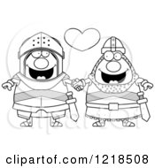Clipart Of A Black And White Gay Knight Couple Holding Hands Under A Heart Royalty Free Vector Illustration
