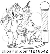 Clipart Of An Outlined Happy Barber Cutting A Mans Hair Royalty Free Vector Illustration by LaffToon