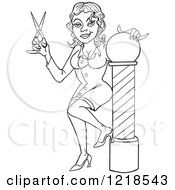 Clipart Of An Outlined Female Barbers Assistant Or Hairstylist Holding Scissors By A Pole Royalty Free Vector Illustration by LaffToon