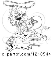 Clipart Of An Outlined Fat Horseback Cowboy Chasing A Boar With A Lasso Royalty Free Vector Illustration by LaffToon