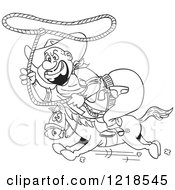 Clipart Of An Outlined Fat Horseback Cowboy Swinging A Lasso Royalty Free Vector Illustration