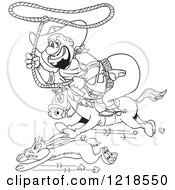 Poster, Art Print Of Outlined Fat Horseback Cowboy Chasing A Rabbit With A Lasso