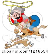 Poster, Art Print Of Horseback Fat Cowboy Chasing A Rabbit With A Lasso