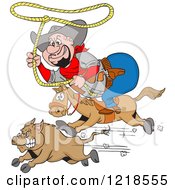Poster, Art Print Of Horseback Fat Cowboy Chasing A Boar With A Lasso