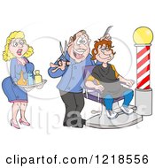 Clipart Of A Female Assistant And Barber Cutting A Mans Hair Royalty Free Vector Illustration by LaffToon