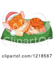 Poster, Art Print Of Cute Christmas Ginger Kitten Sleeping On A Pillow