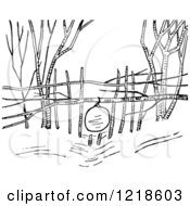 Clipart Of A Black And White Snowshoe Rabbit Snare Trap Royalty Free Vector Illustration
