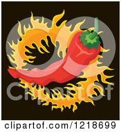 Spicy Red Chili Pepper Over A Cirle Of Flames On Black