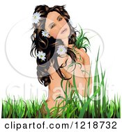 Clipart Of A Natural Beauty Brunette Woman Sitting Nude In Grass Royalty Free Vector Illustration