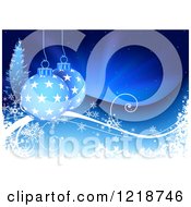 Poster, Art Print Of Blue Christmas Background With Snow Trees And Baubles