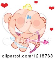 Poster, Art Print Of Cute Happy Cupid Holding A Pink Bow And Arrow With Red Hearts